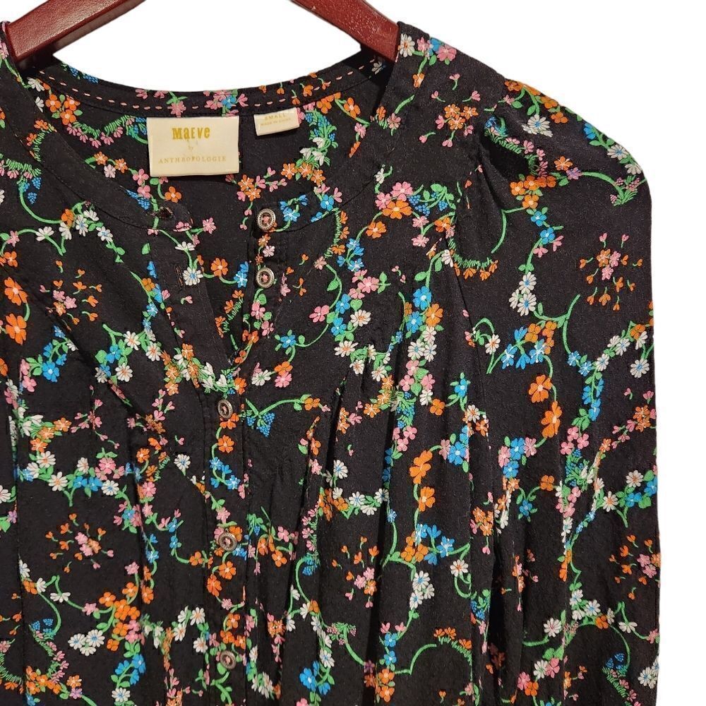 Anthropologie Maeve Avignon Floral Top Blouse Small Black Button - Picture 3 of 6
